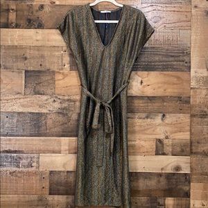 ZARA Striped V-Neck Shimmer Gold / Blue Dress